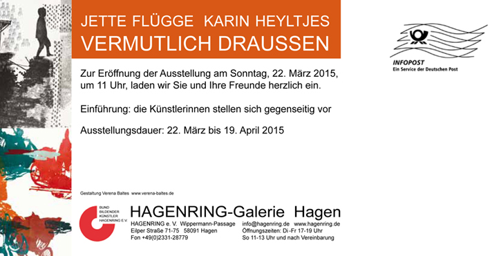 Einladungskarte Vermutlich draußen Jette Flügge & Karin Heyltjes, Hagenringalerie 2015 rueck