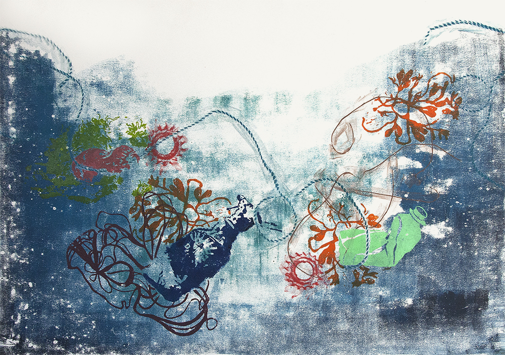 Karin Heyltjes: Unterwasser 03, 70 x 100 cm, Linol-, Rollendruck, Frottage, 2018